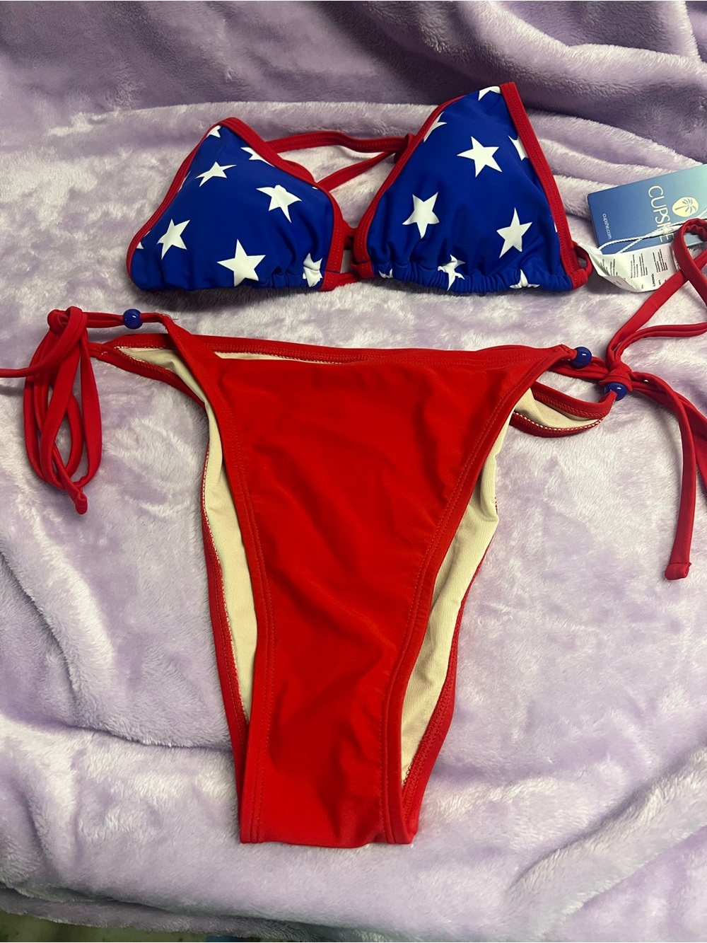 Cupshe Red Tie-Side Bikini with Blue Star Triangle Top